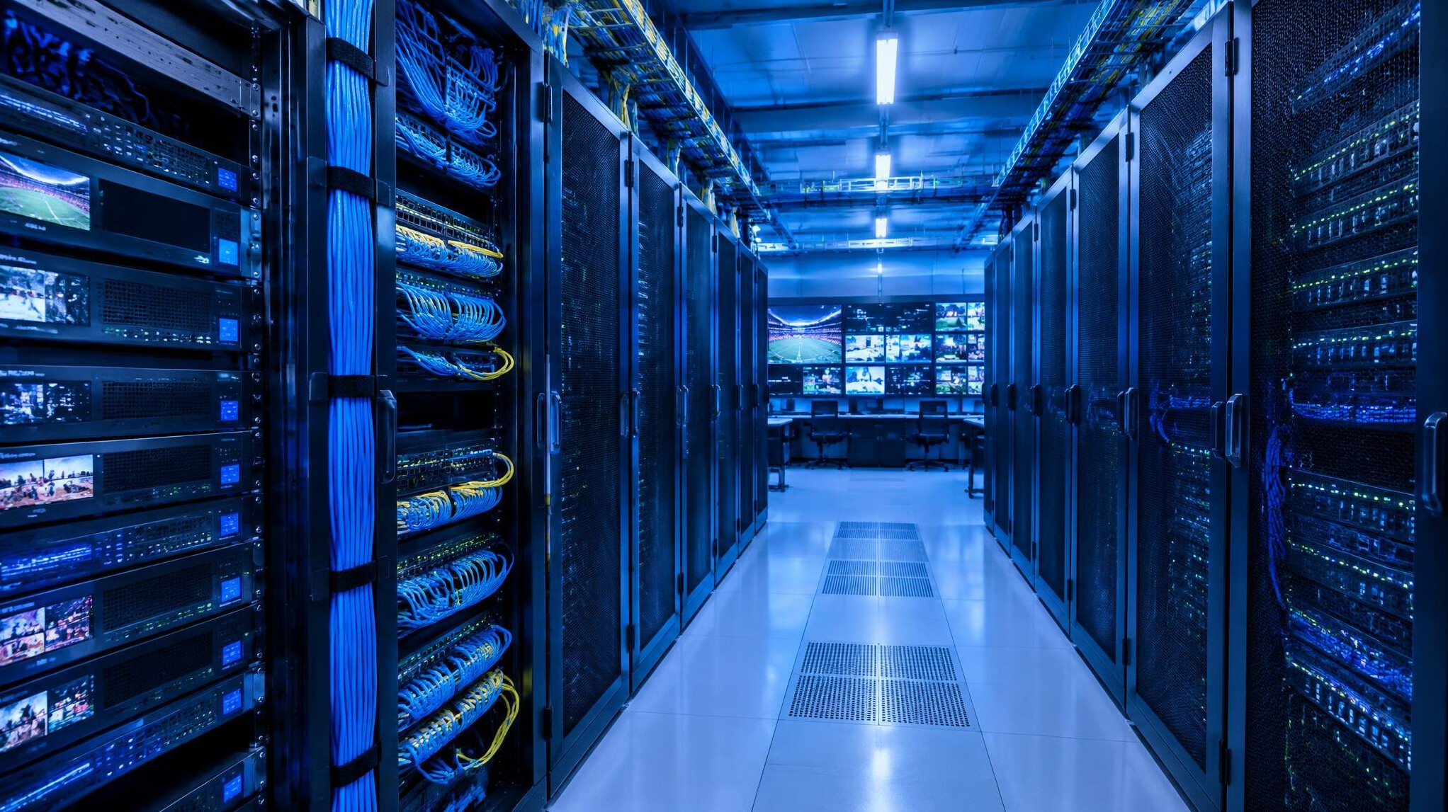 Server racks in a data distribution facility with cables