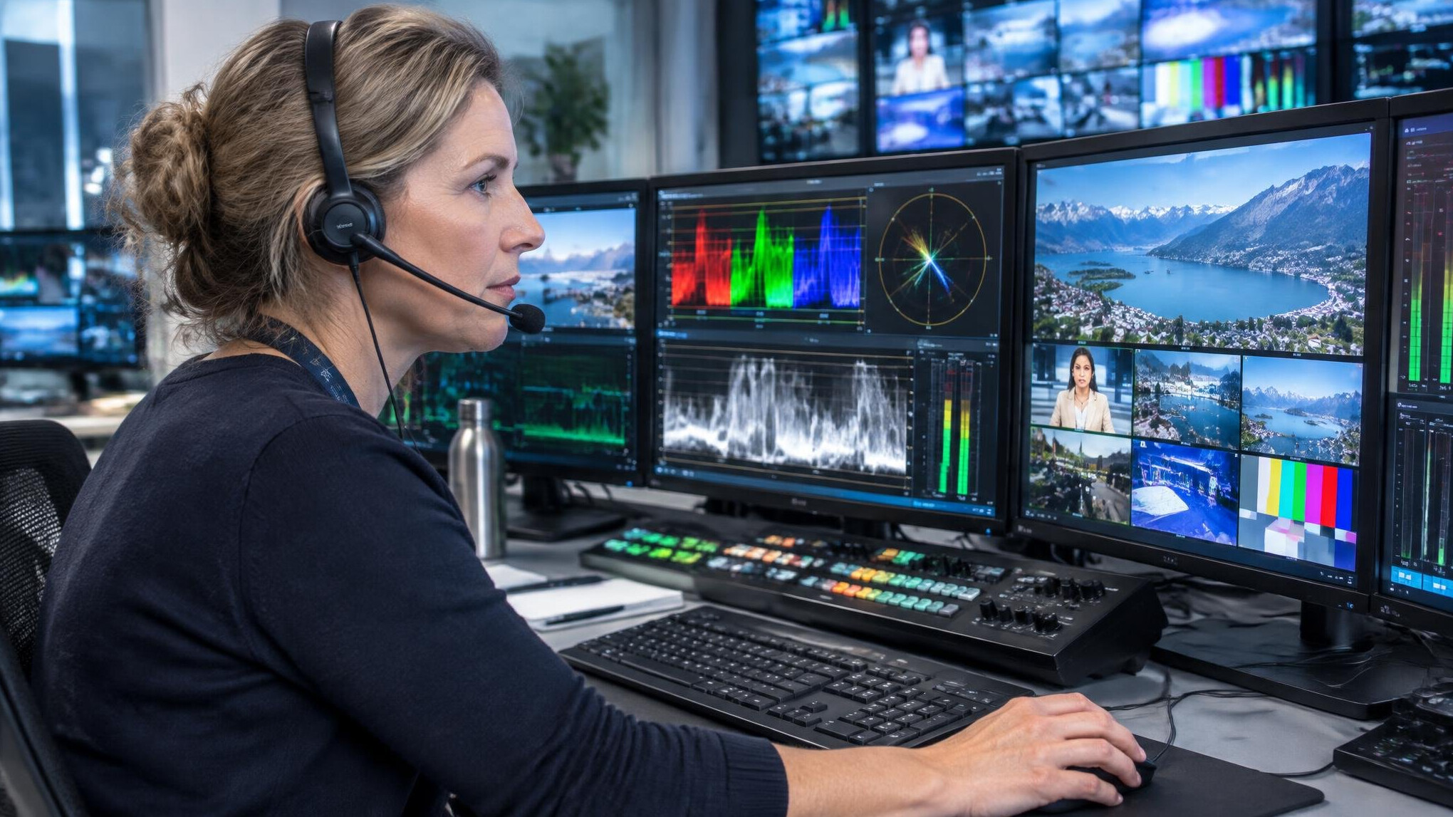 Broadcast engineer monitoring live signal feeds on multiple screens