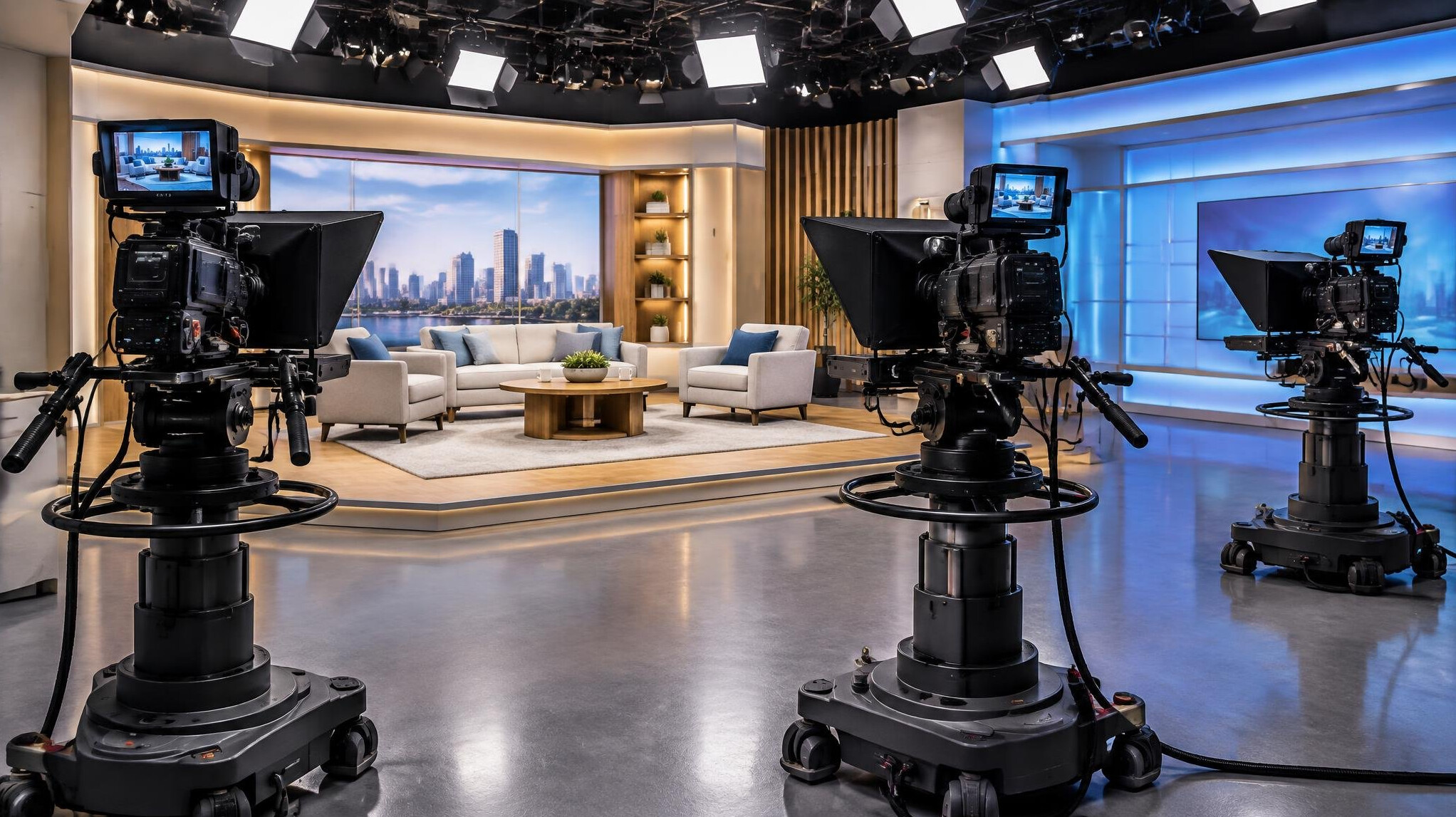 Television studio with multiple professional cameras set up