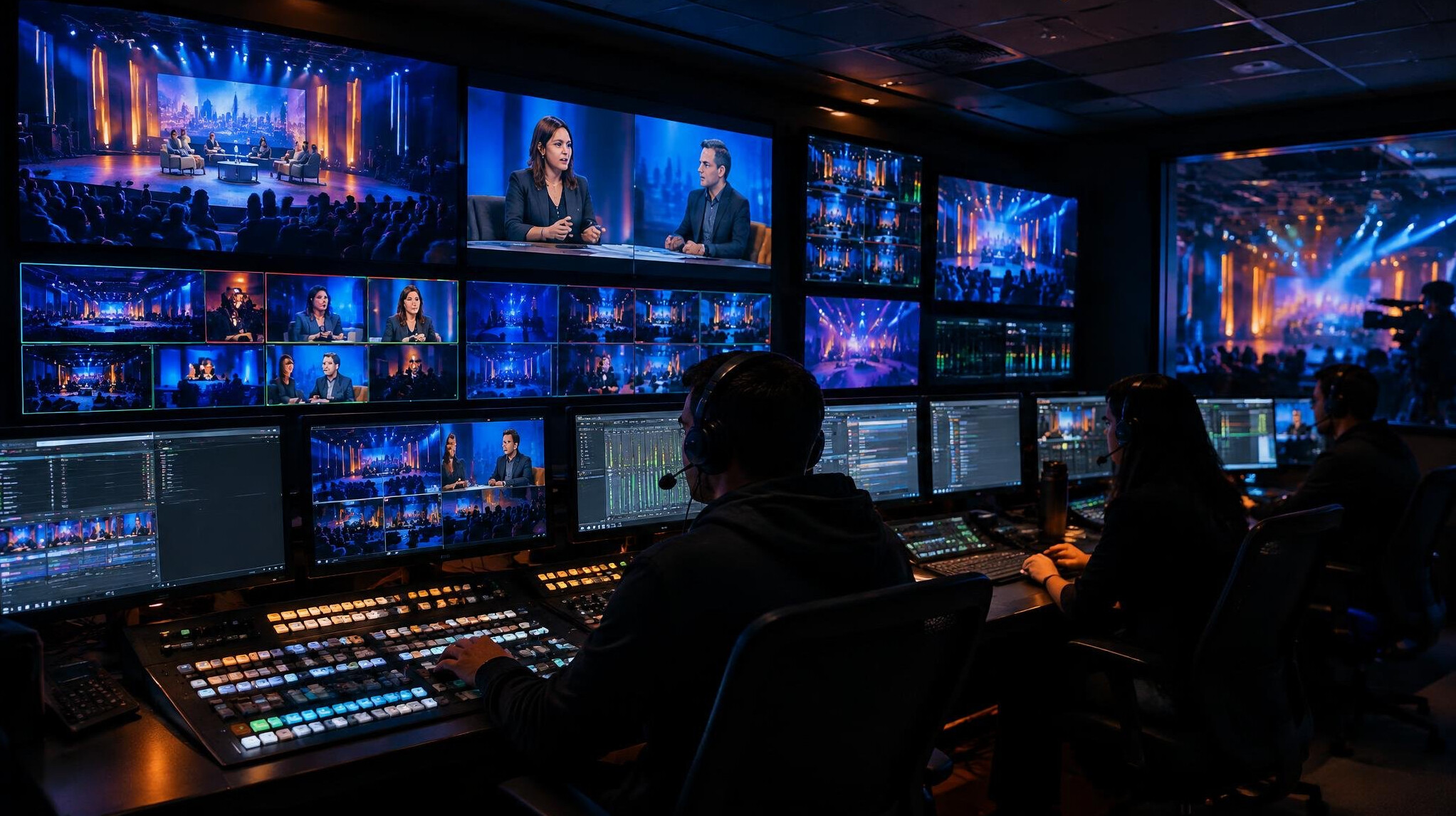 Broadcast control room with multiple monitors showing live feeds