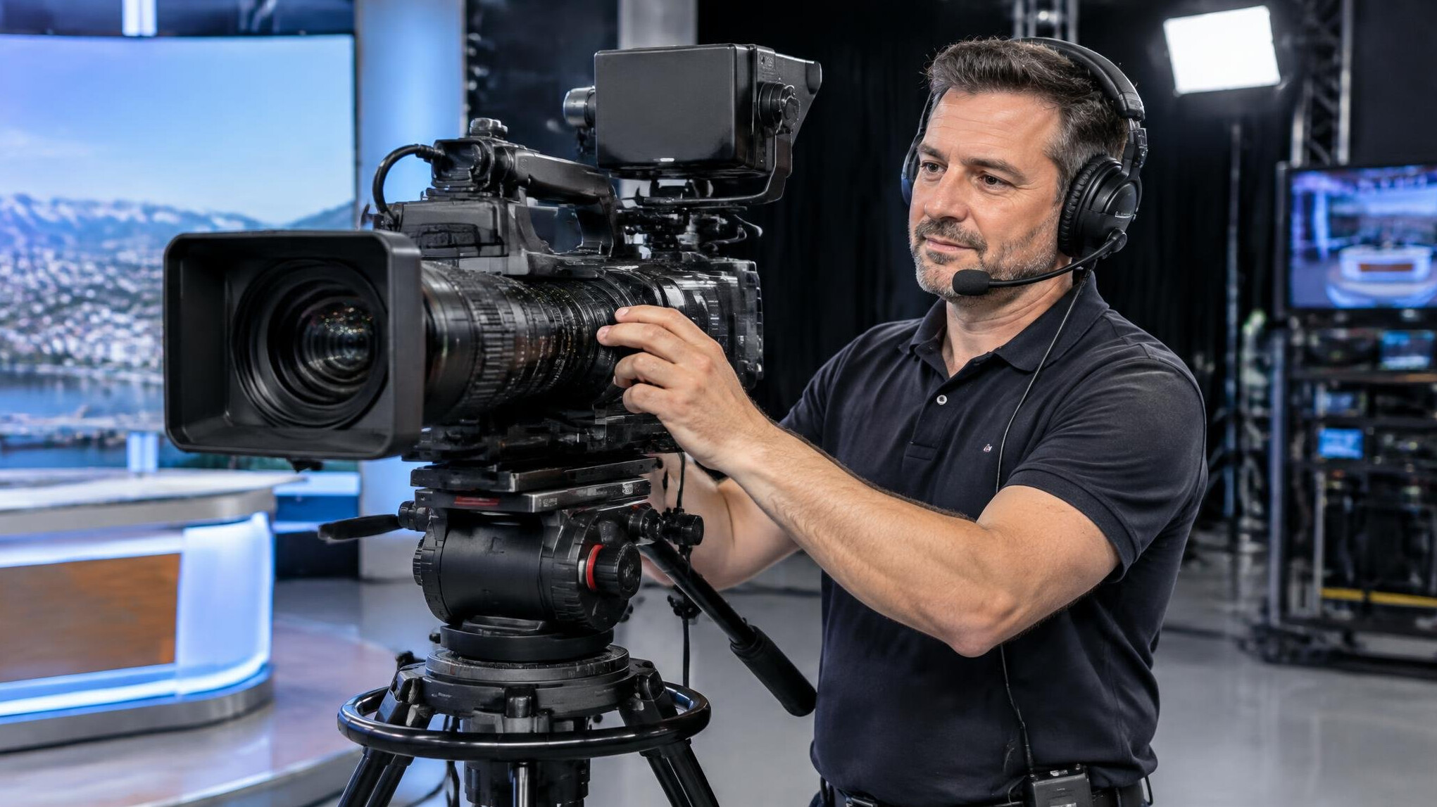 Broadcast technician adjusting a professional television camera