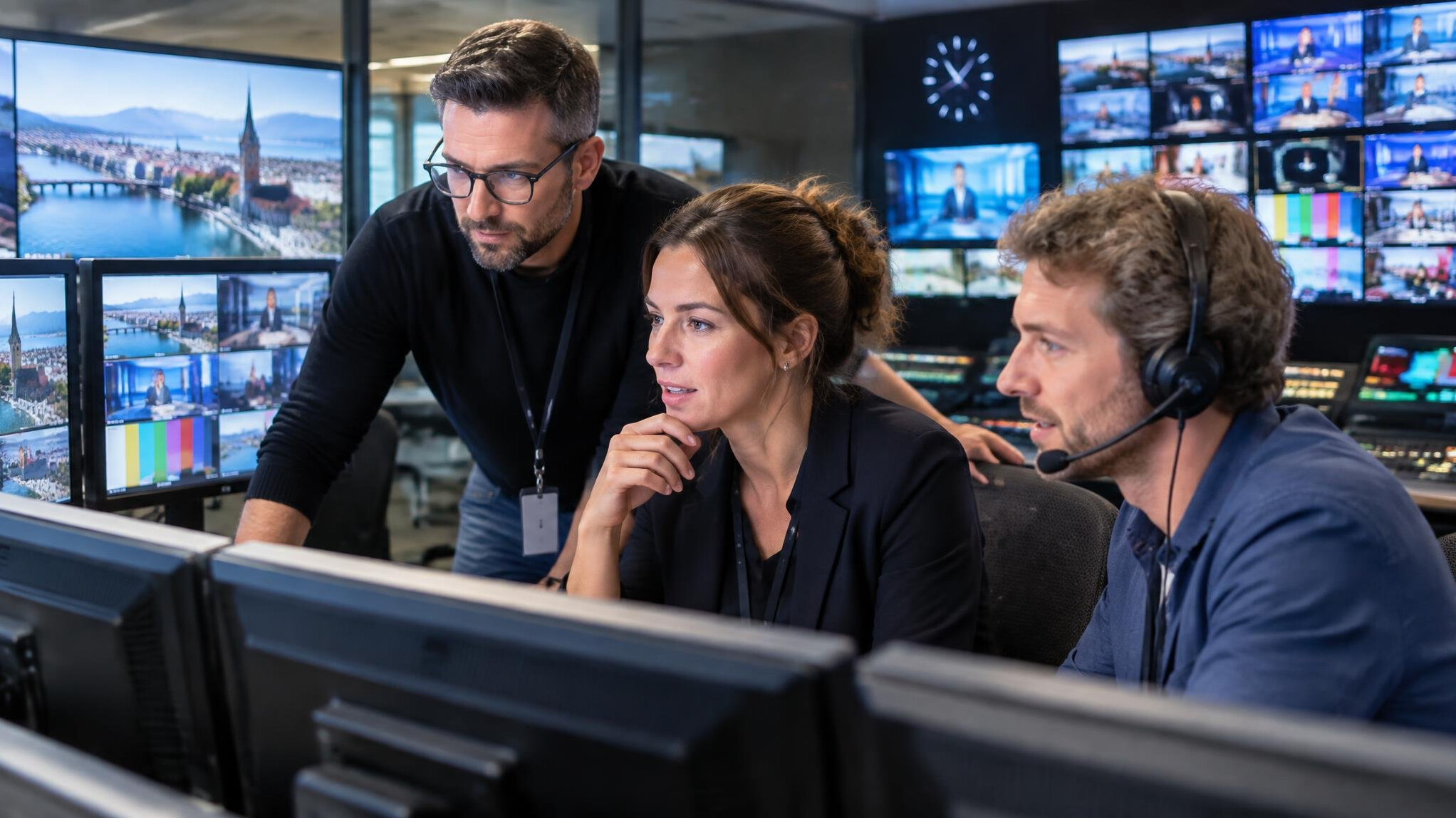 Broadcast team collaborating in a television control room